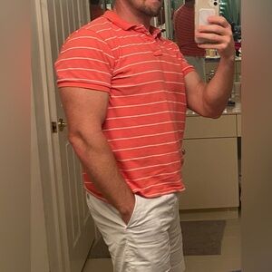 Striped Polo Knit Shirt - great Coral Melon Color stands out & gets complements